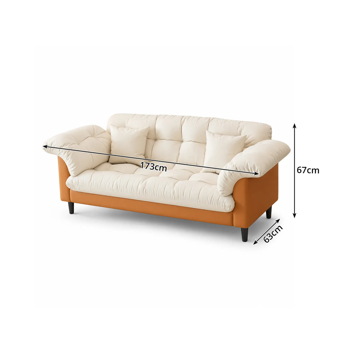 LIVARA 123/173cm Retro 2 Seater Sofa with Scratch Resistant Faux Leather, Deep Seat, Padded Armrests & Cushions - Cream & Orange