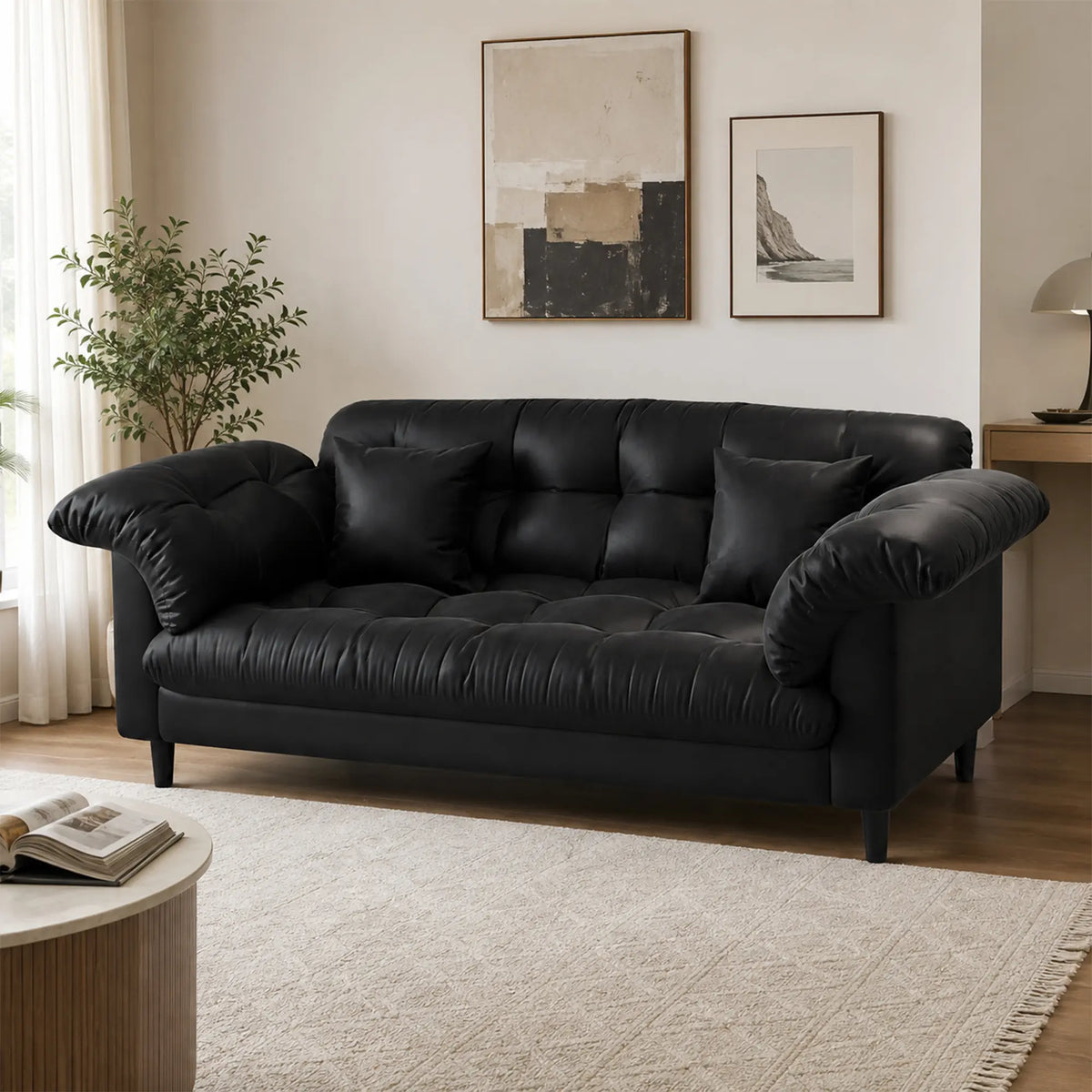 LIVARA 123/173cm Retro 2 Seater Sofa with Scratch Resistant Faux Leather, Deep Seat, Padded Armrests & Cushions - Black