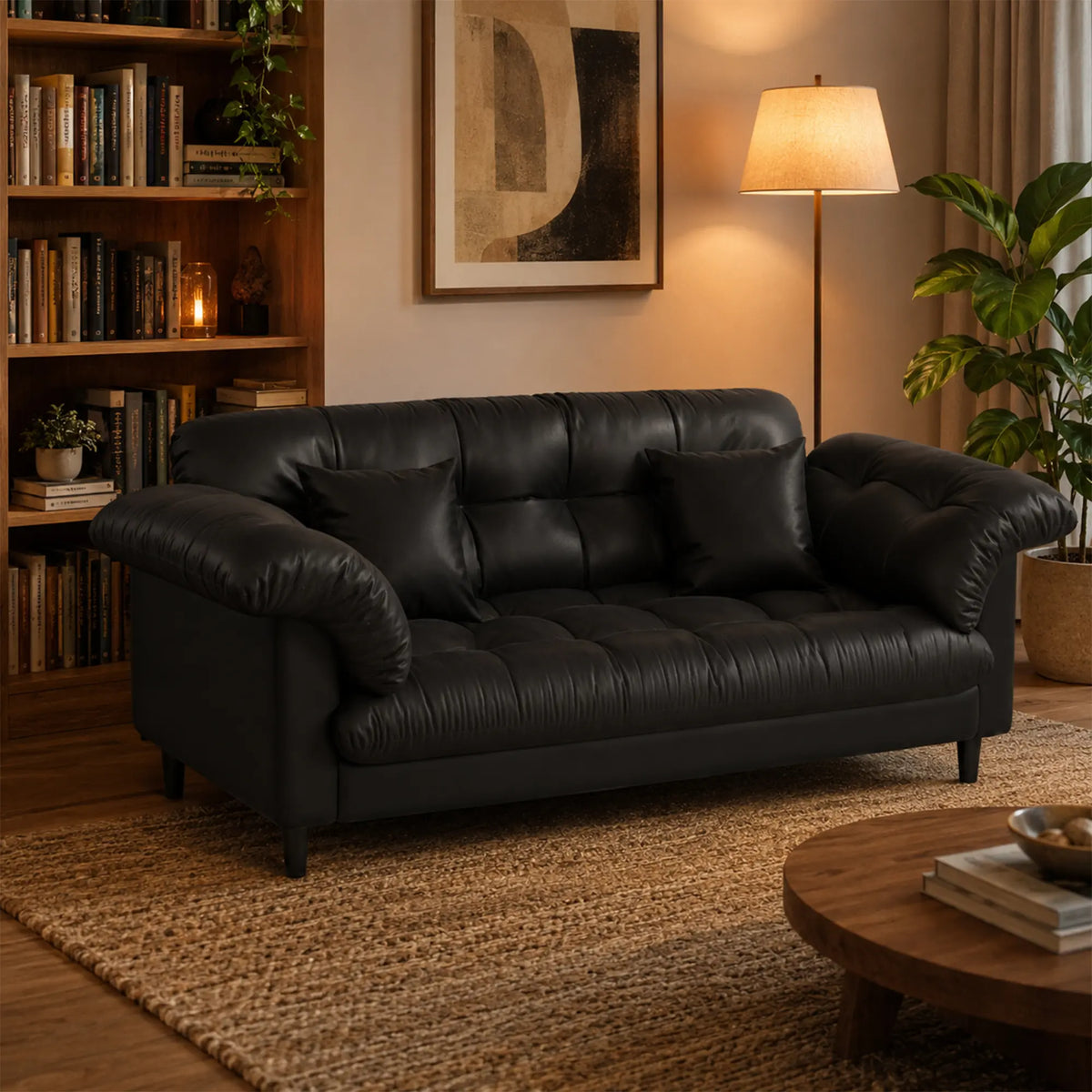 LIVARA 123/173cm Retro 2 Seater Sofa with Scratch Resistant Faux Leather, Deep Seat, Padded Armrests & Cushions - Black