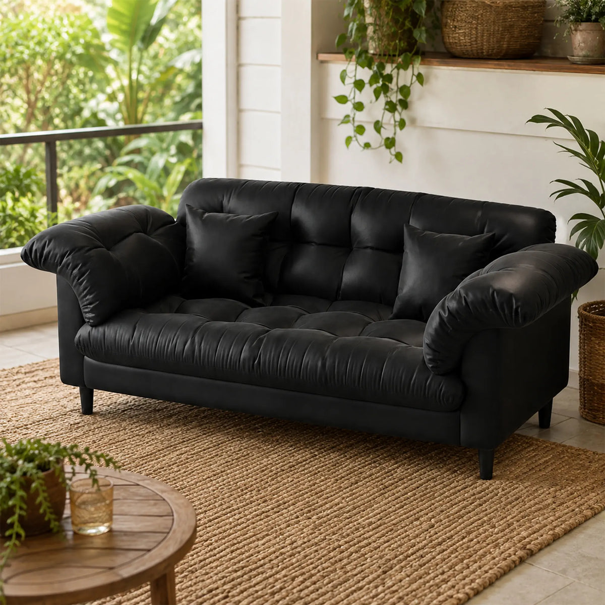 LIVARA 123/173cm Retro 2 Seater Sofa with Scratch Resistant Faux Leather, Deep Seat, Padded Armrests & Cushions - Black