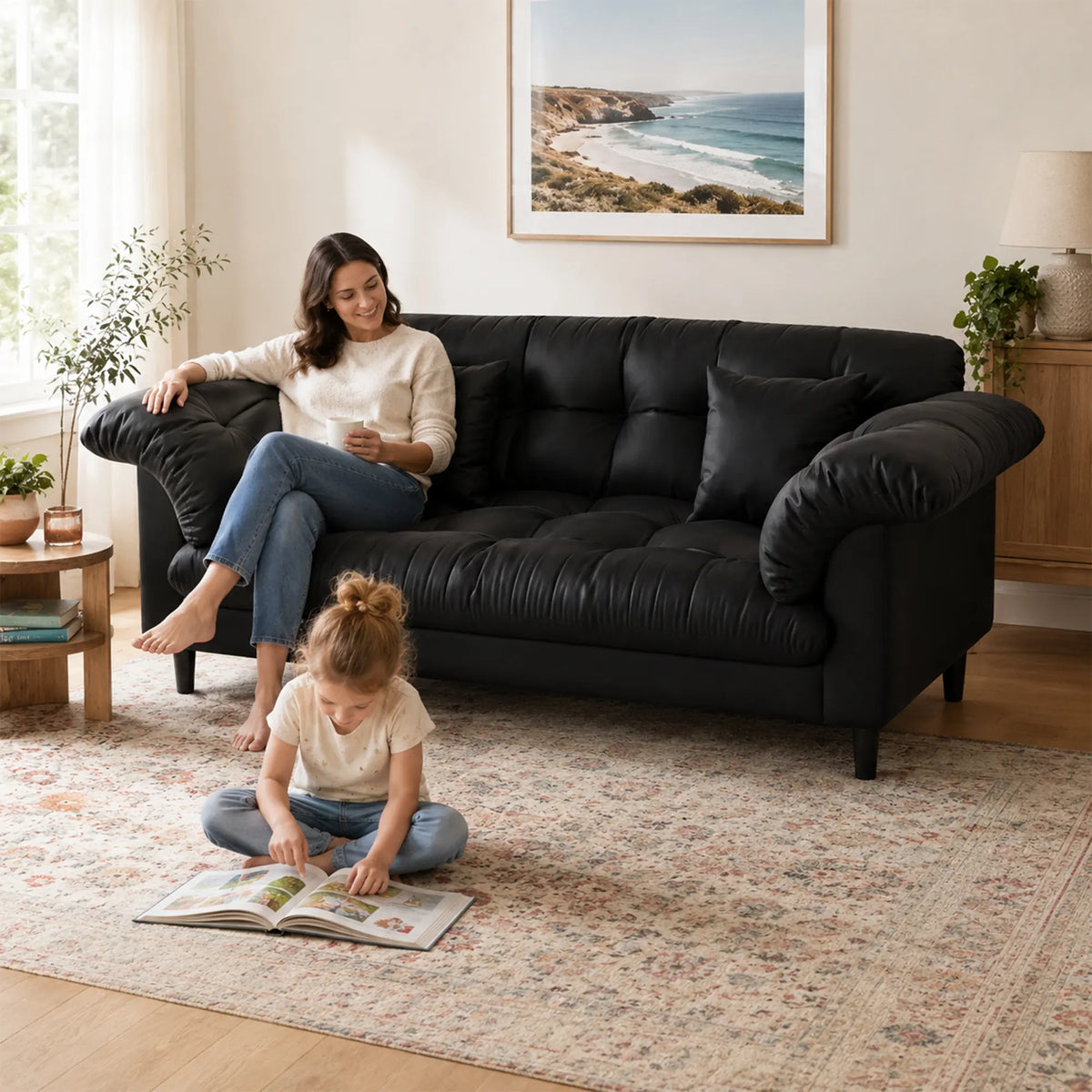 LIVARA 123/173cm Retro 2 Seater Sofa with Scratch Resistant Faux Leather, Deep Seat, Padded Armrests & Cushions - Black