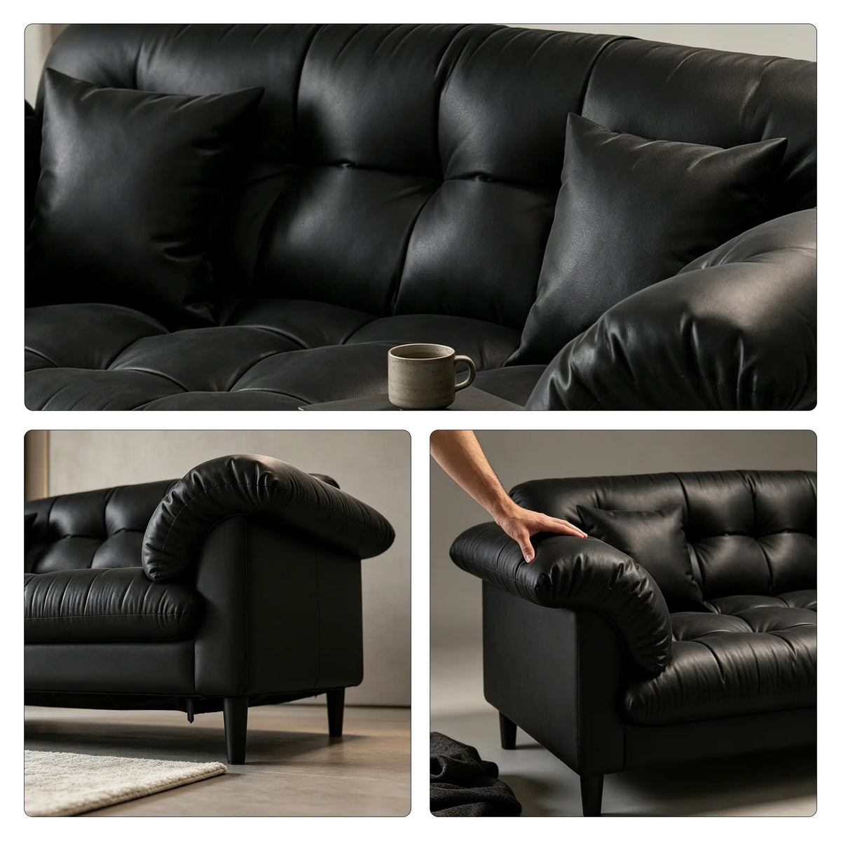 LIVARA 123/173cm Retro 2 Seater Sofa with Scratch Resistant Faux Leather, Deep Seat, Padded Armrests & Cushions - Black