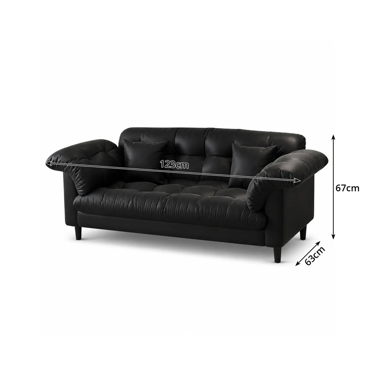 LIVARA 123/173cm Retro 2 Seater Sofa with Scratch Resistant Faux Leather, Deep Seat, Padded Armrests & Cushions - Black