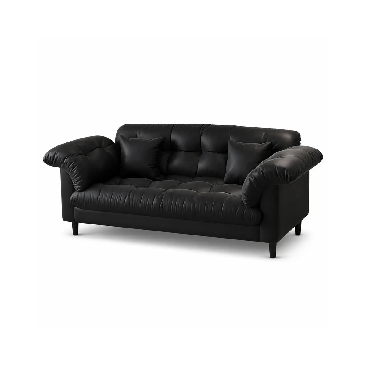 LIVARA 123/173cm Retro 2 Seater Sofa with Scratch Resistant Faux Leather, Deep Seat, Padded Armrests & Cushions - Black