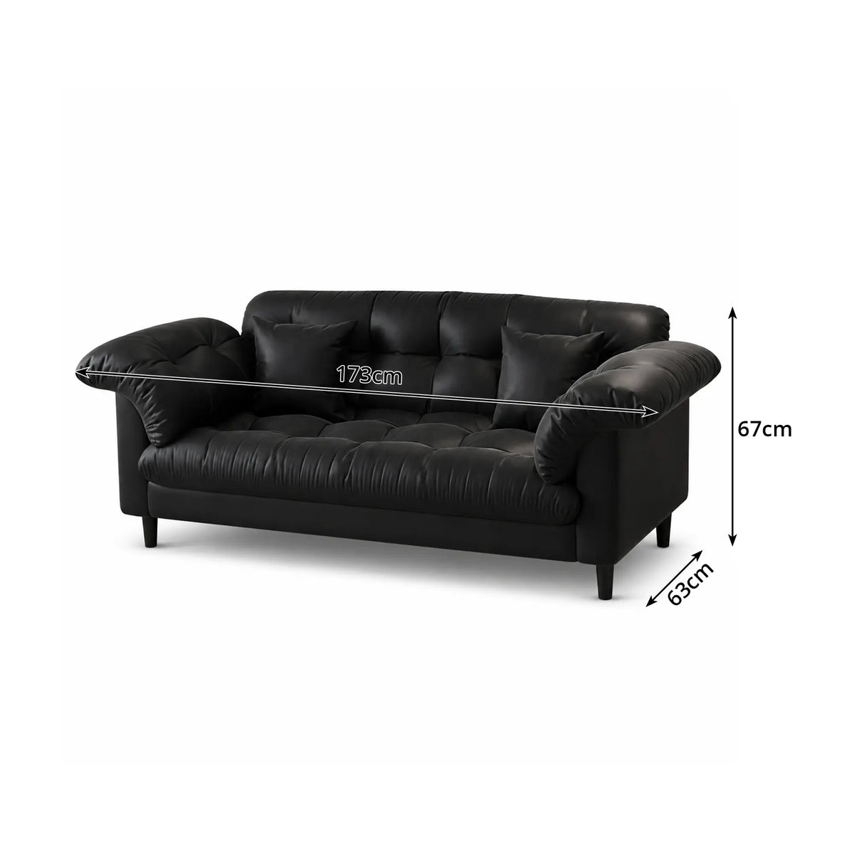 LIVARA 123/173cm Retro 2 Seater Sofa with Scratch Resistant Faux Leather, Deep Seat, Padded Armrests & Cushions - Black