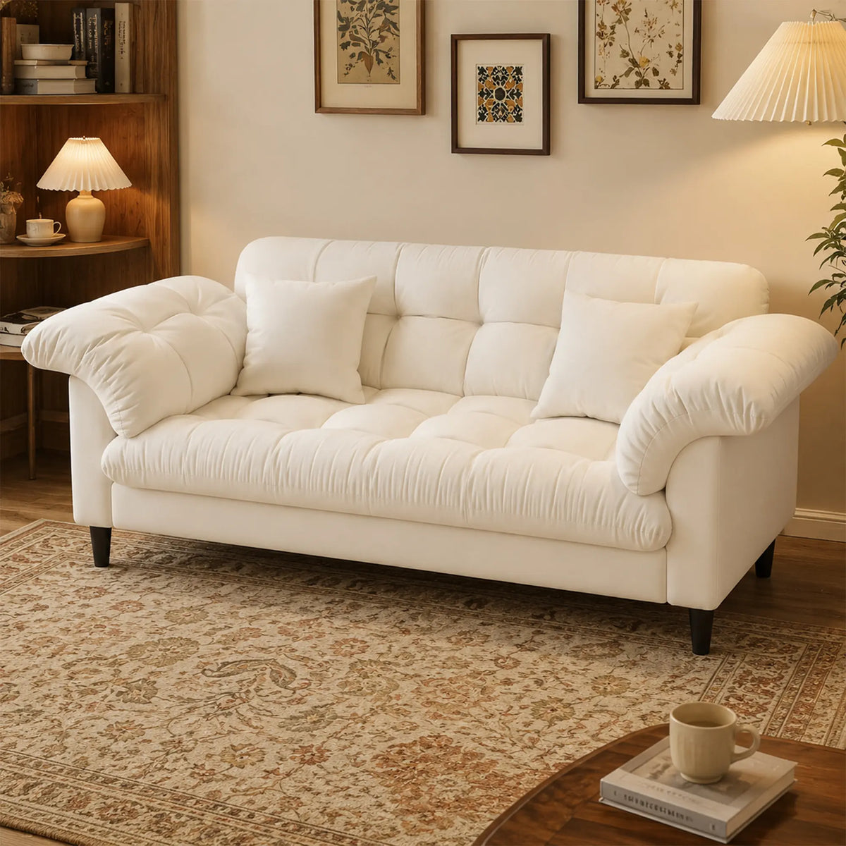 LIVARA 123/173cm Retro 2 Seater Sofa with Scratch Resistant Faux Leather, Deep Seat, Padded Armrests & Cushions - Beige