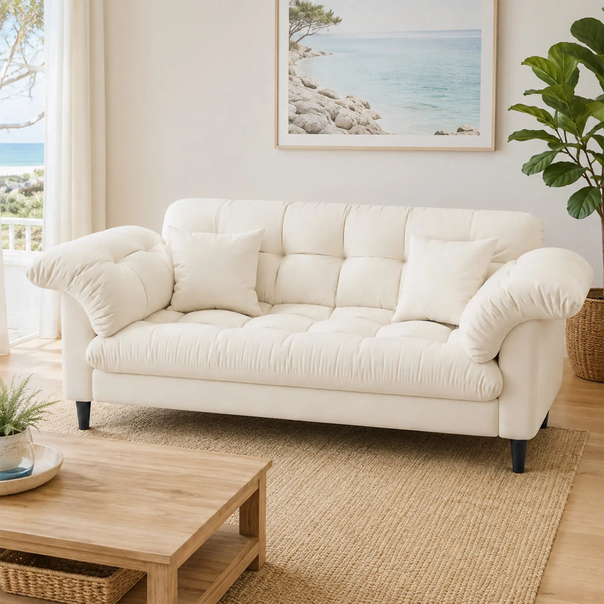 LIVARA 123/173cm Retro 2 Seater Sofa with Scratch Resistant Faux Leather, Deep Seat, Padded Armrests & Cushions - Beige