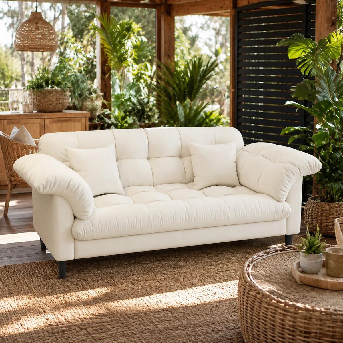 LIVARA 123/173cm Retro 2 Seater Sofa with Scratch Resistant Faux Leather, Deep Seat, Padded Armrests & Cushions - Beige