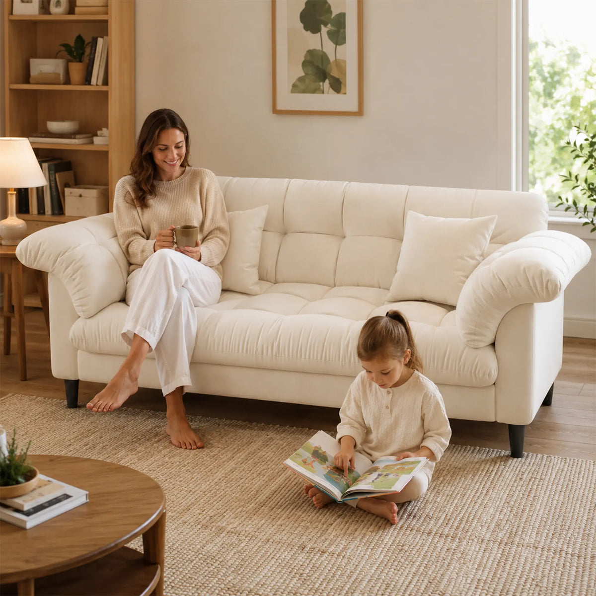 LIVARA 123/173cm Retro 2 Seater Sofa with Scratch Resistant Faux Leather, Deep Seat, Padded Armrests & Cushions - Beige