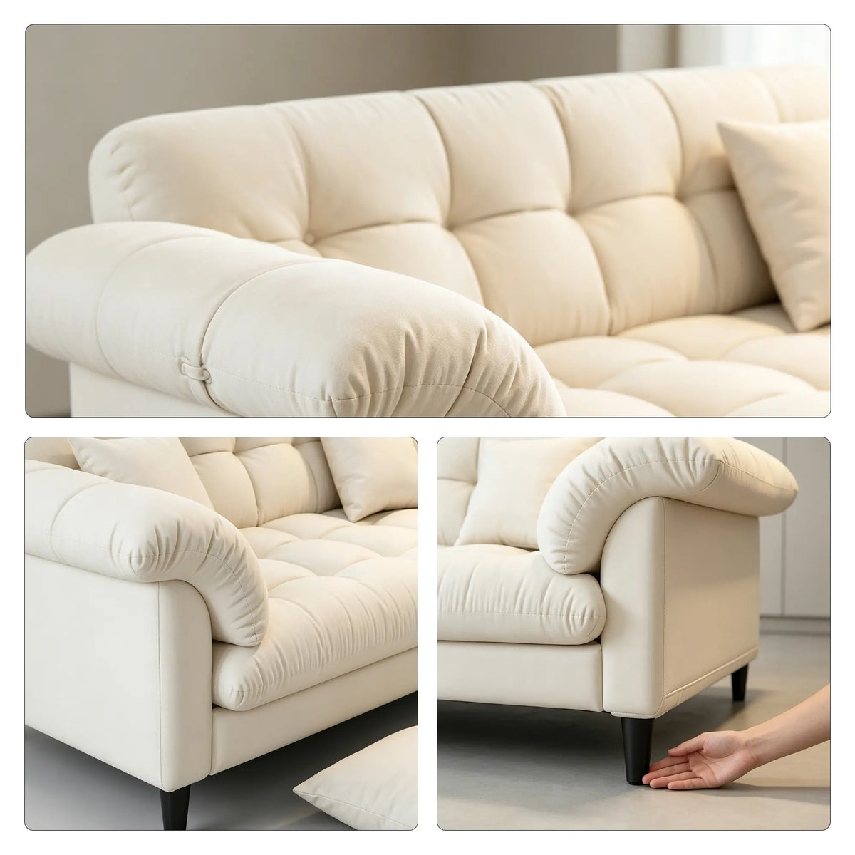 LIVARA 123/173cm Retro 2 Seater Sofa with Scratch Resistant Faux Leather, Deep Seat, Padded Armrests & Cushions - Beige