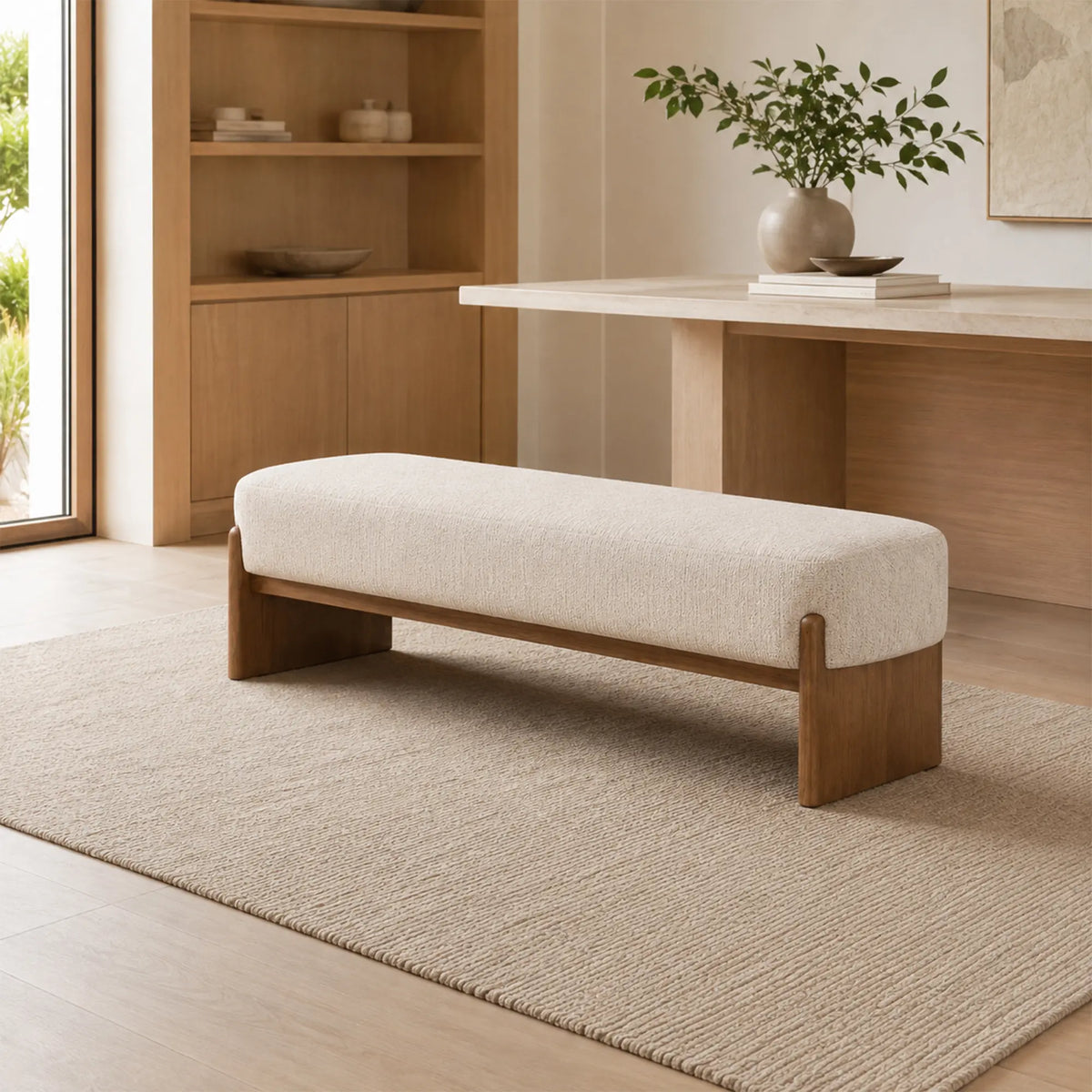 LIVARA 100/120cm Solid Pine Wood Upholstered Bench with Cotton Linen Seat, 50D High Density Foam, End of Bed Bench - Natural Wood & Cream