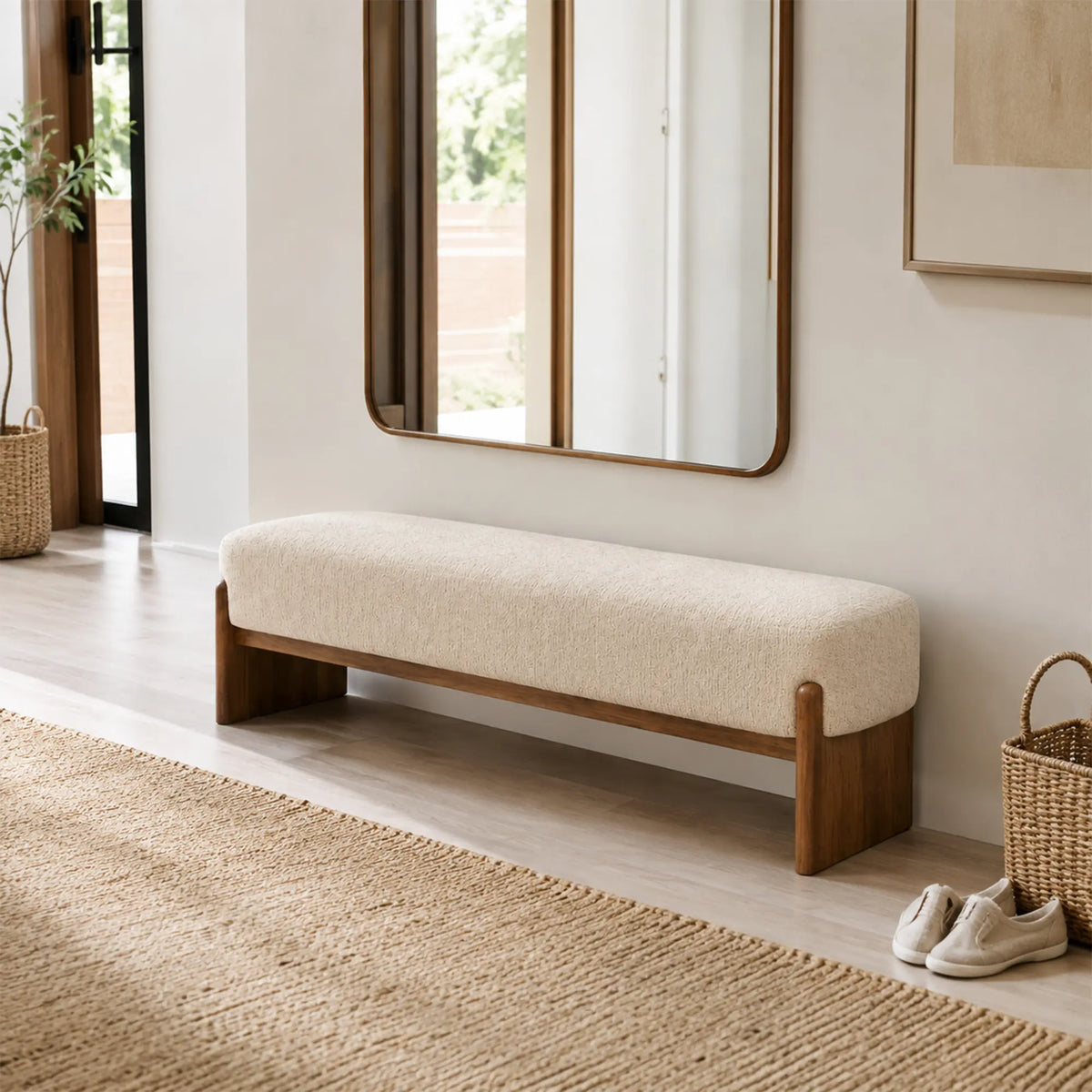 LIVARA 100/120cm Solid Pine Wood Upholstered Bench with Cotton Linen Seat, 50D High Density Foam, End of Bed Bench - Natural Wood & Cream