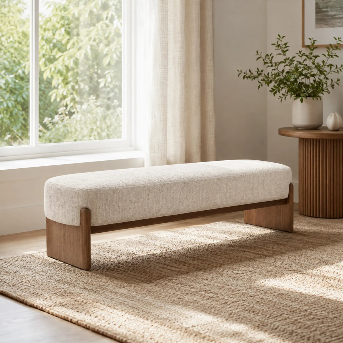 LIVARA 100/120cm Solid Pine Wood Upholstered Bench with Cotton Linen Seat, 50D High Density Foam, End of Bed Bench - Natural Wood & Cream