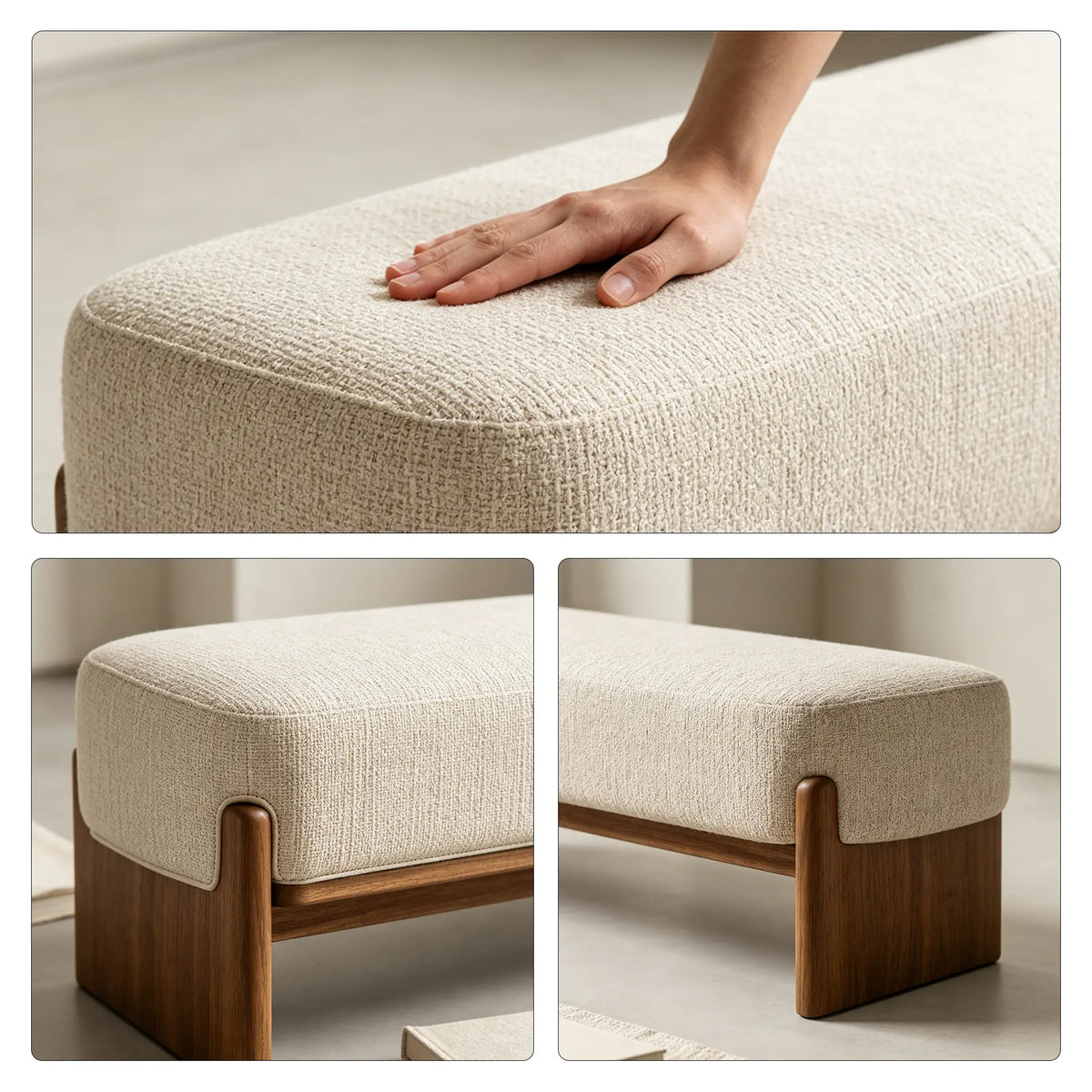 LIVARA 100/120cm Solid Pine Wood Upholstered Bench with Cotton Linen Seat, 50D High Density Foam, End of Bed Bench - Natural Wood & Cream