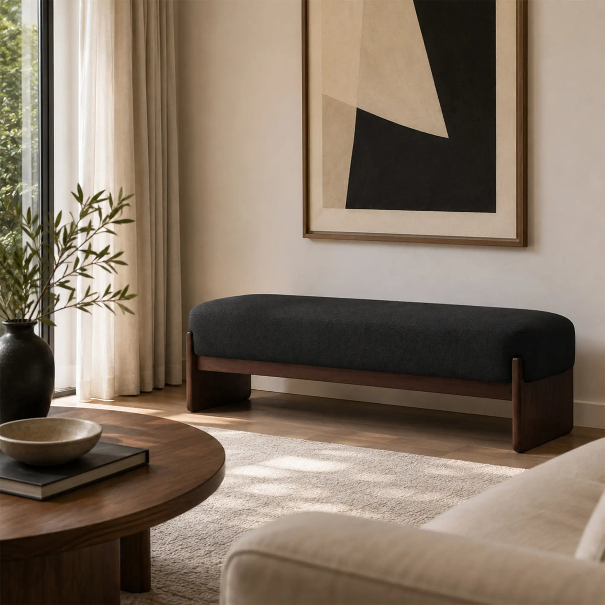 LIVARA 100/120cm Solid Pine Wood Upholstered Bench with Cotton Linen Seat, 50D High Density Foam, End of Bed Bench - Black