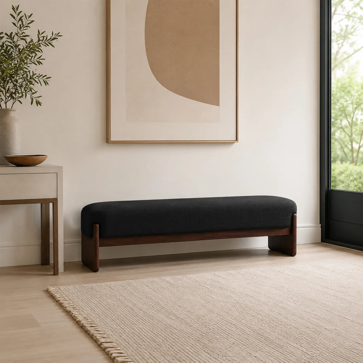 LIVARA 100/120cm Solid Pine Wood Upholstered Bench with Cotton Linen Seat, 50D High Density Foam, End of Bed Bench - Black