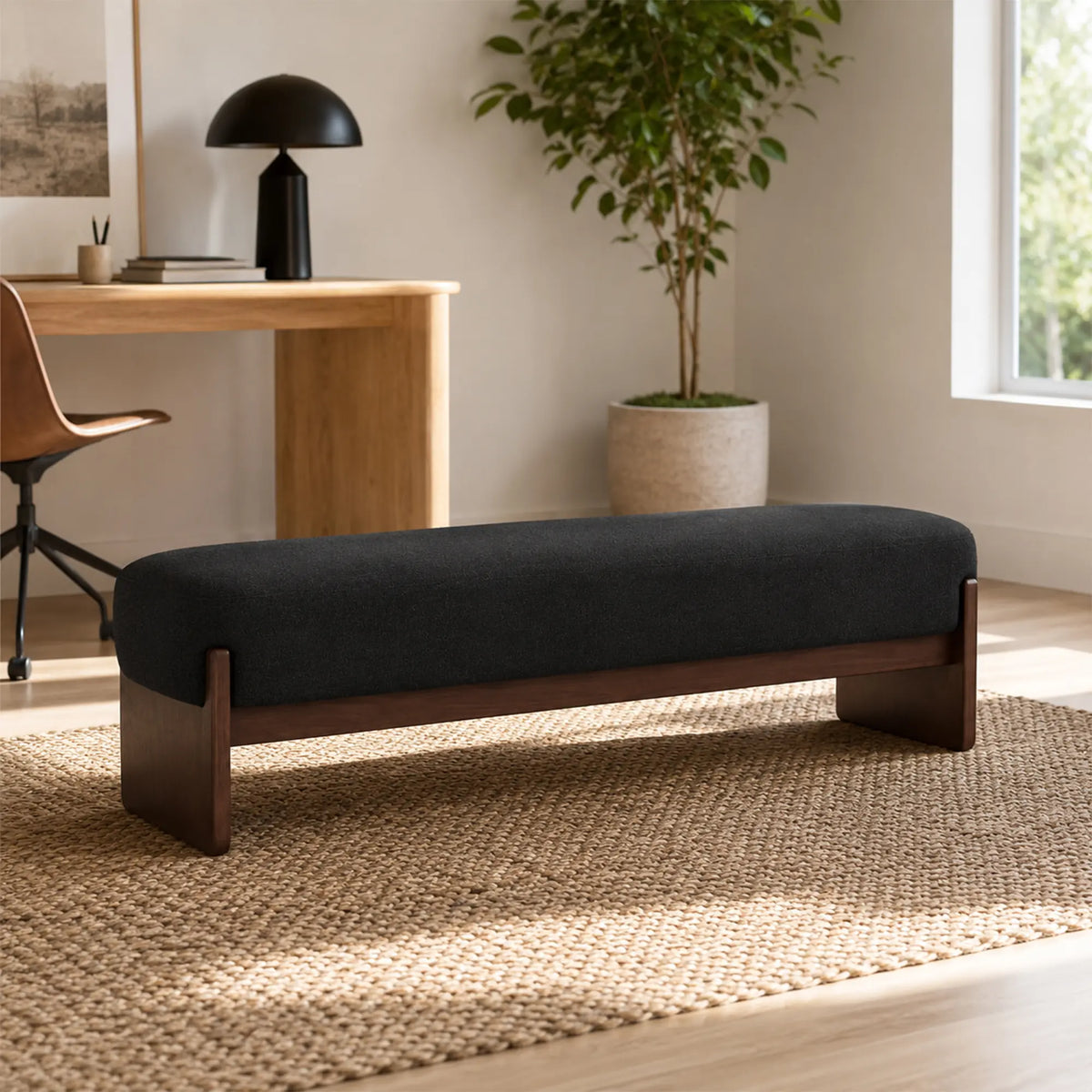 LIVARA 100/120cm Solid Pine Wood Upholstered Bench with Cotton Linen Seat, 50D High Density Foam, End of Bed Bench - Black