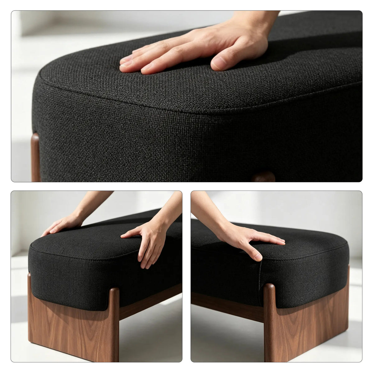 LIVARA 100/120cm Solid Pine Wood Upholstered Bench with Cotton Linen Seat, 50D High Density Foam, End of Bed Bench - Black