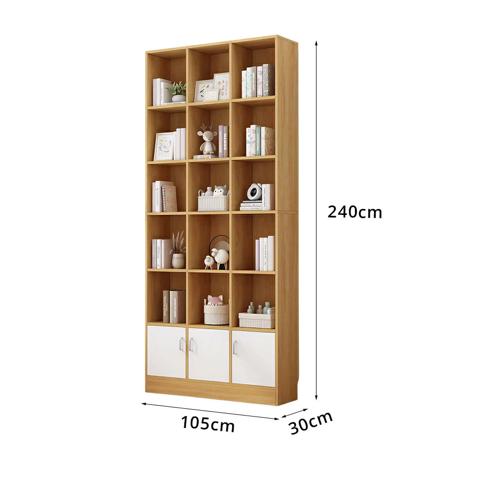 LIVARA Nordic Maple Bookcase 90/105cm - Multi-Tier Storage Cabinet with Doors & Back Panel for Living Room - White