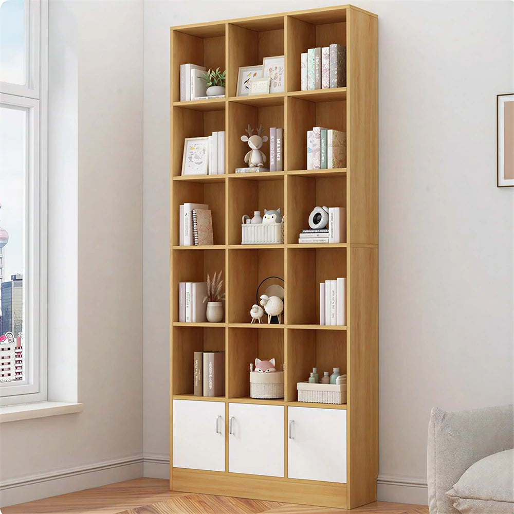 LIVARA Nordic Maple Bookcase 90/105cm - Multi-Tier Storage Cabinet with Doors & Back Panel for Living Room - White