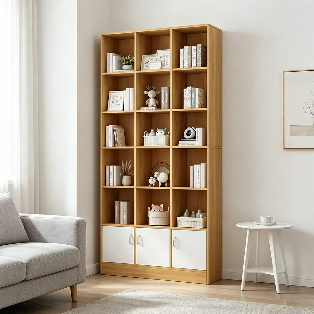LIVARA Nordic Maple Bookcase 90/105cm - Multi-Tier Storage Cabinet with Doors & Back Panel for Living Room - White