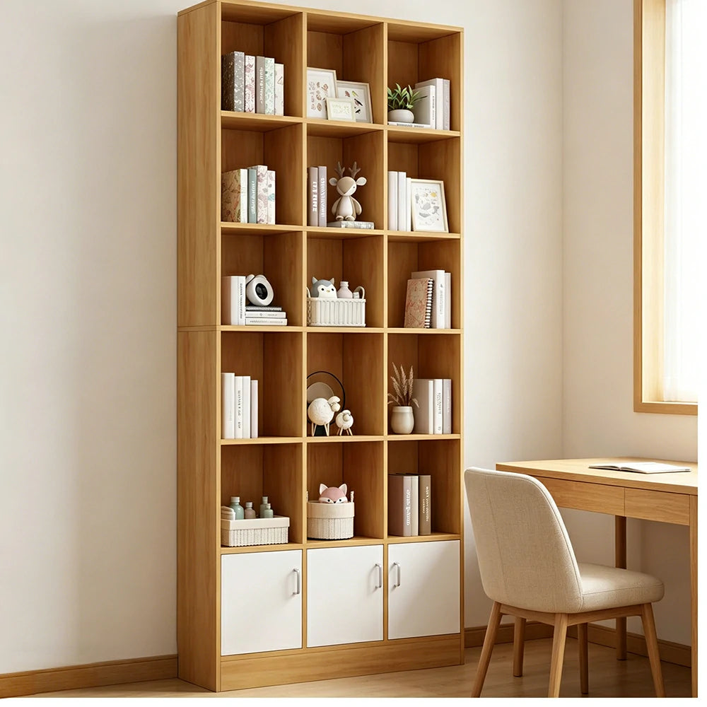 LIVARA Nordic Maple Bookcase 90/105cm - Multi-Tier Storage Cabinet with Doors & Back Panel for Living Room - White