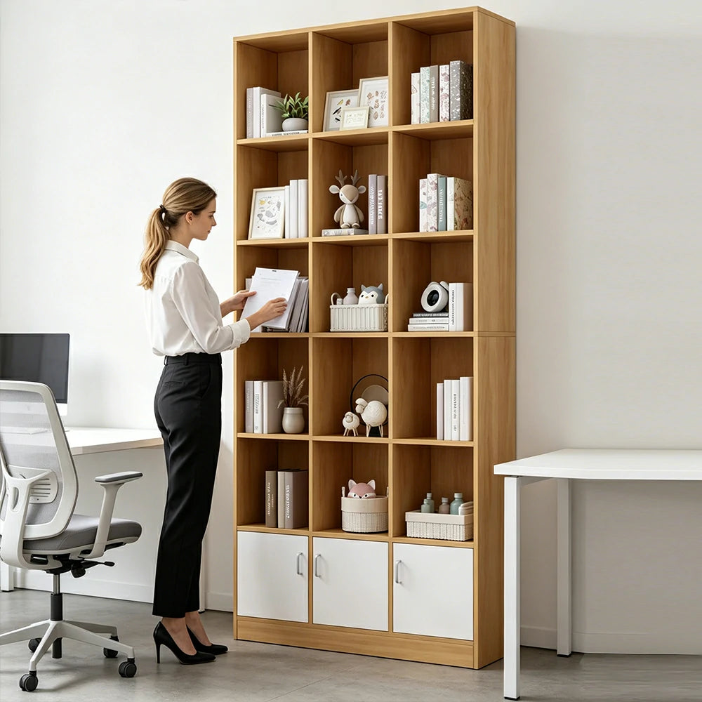 LIVARA Nordic Maple Bookcase 90/105cm - Multi-Tier Storage Cabinet with Doors & Back Panel for Living Room - White