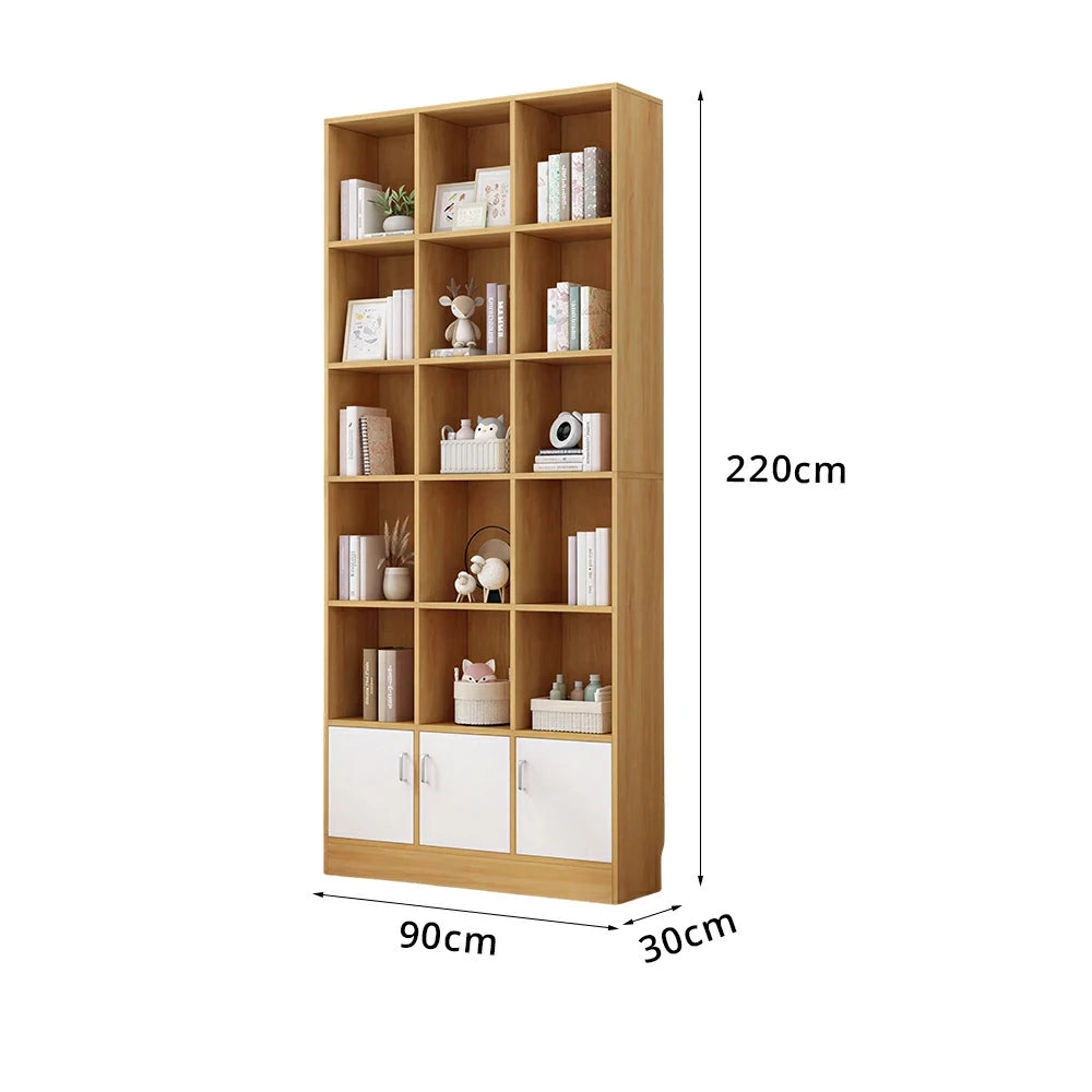 LIVARA Nordic Maple Bookcase 90/105cm - Multi-Tier Storage Cabinet with Doors & Back Panel for Living Room - White