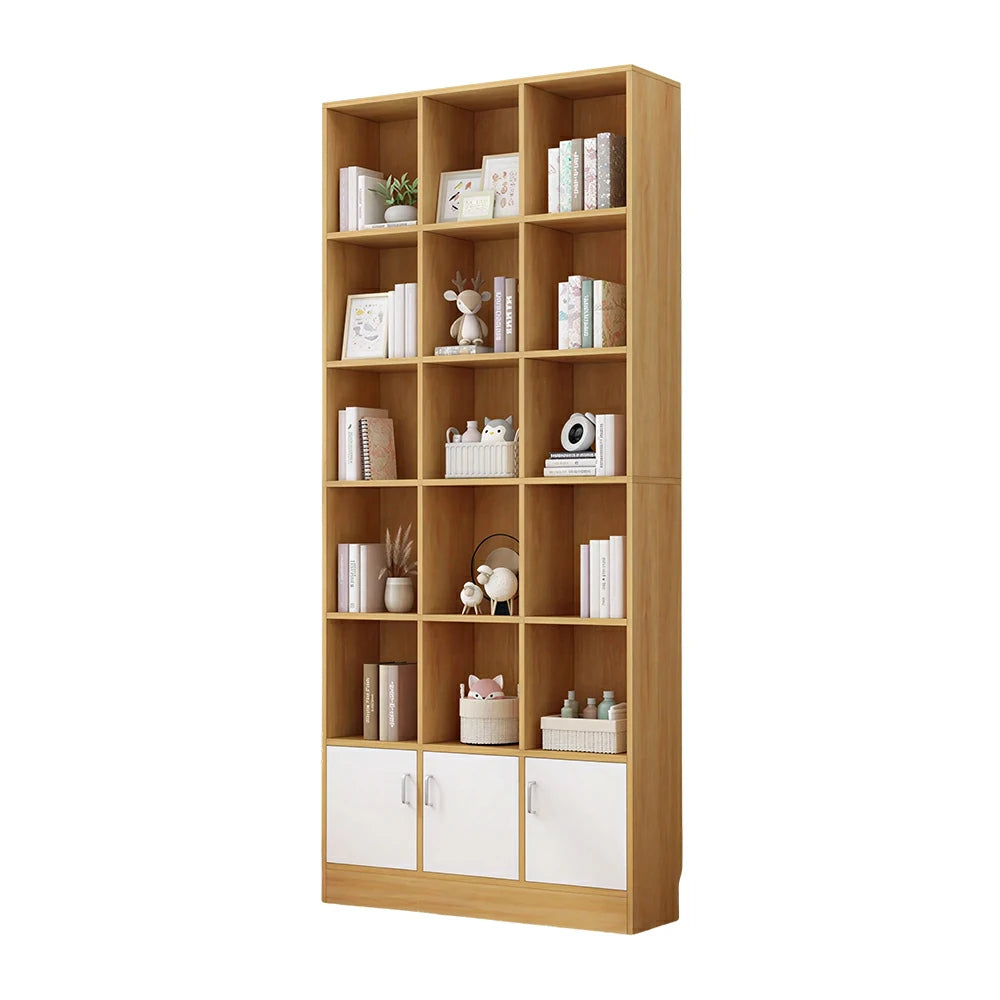 LIVARA Nordic Maple Bookcase 90/105cm - Multi-Tier Storage Cabinet with Doors & Back Panel for Living Room - White