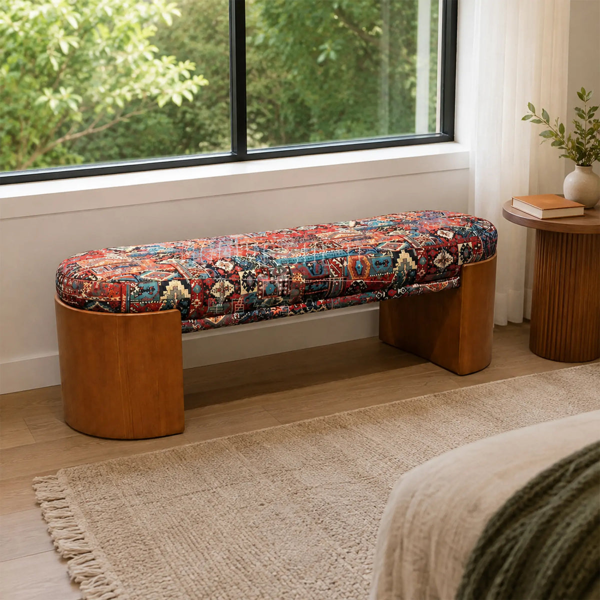 LIVARA Upholstered Bench Vintage Pattern Fabric Curved Wood Base 120/140cm for Bedroom Entryway Living Room