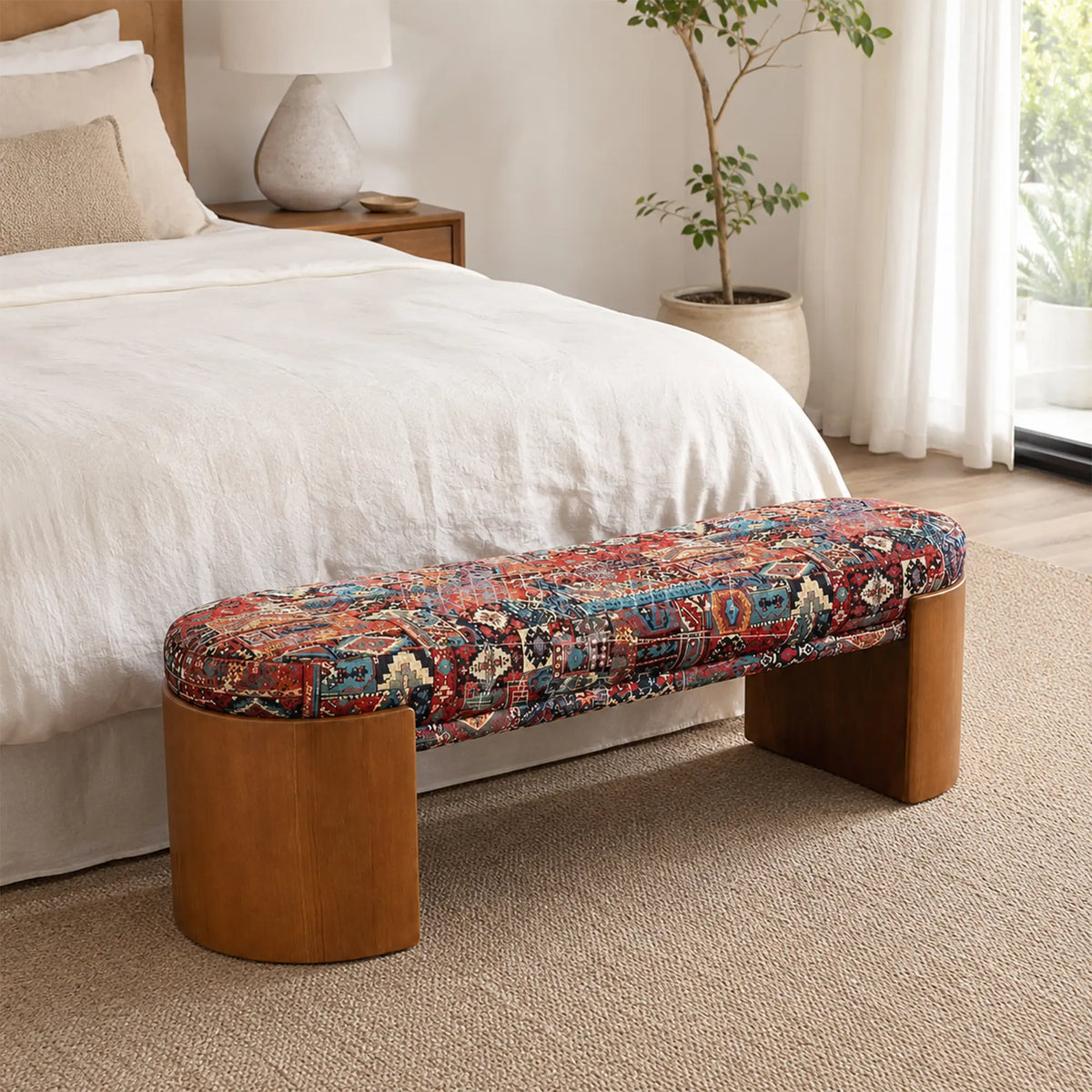 LIVARA Upholstered Bench Vintage Pattern Fabric Curved Wood Base 120/140cm for Bedroom Entryway Living Room