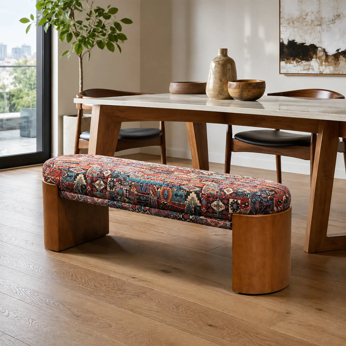 LIVARA Upholstered Bench Vintage Pattern Fabric Curved Wood Base 120/140cm for Bedroom Entryway Living Room