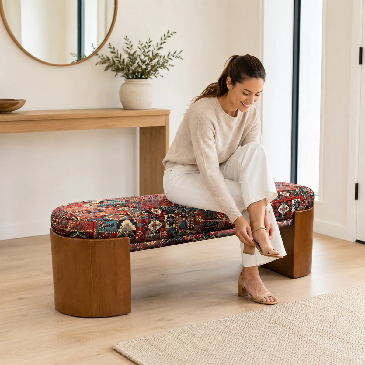 LIVARA Upholstered Bench Vintage Pattern Fabric Curved Wood Base 120/140cm for Bedroom Entryway Living Room