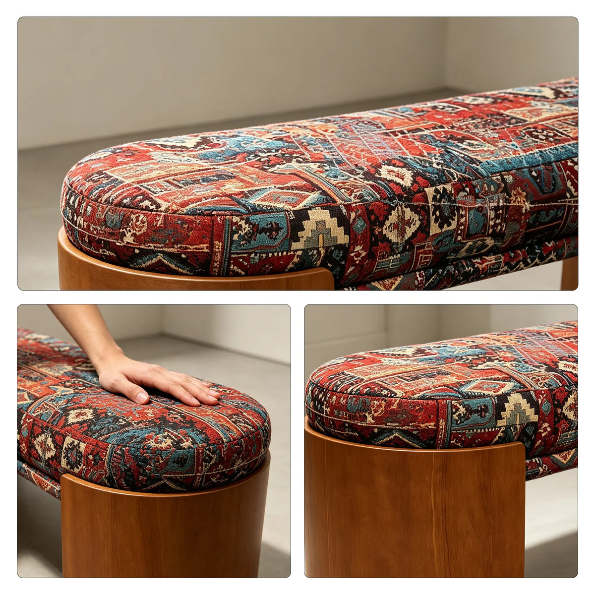LIVARA Upholstered Bench Vintage Pattern Fabric Curved Wood Base 120/140cm for Bedroom Entryway Living Room