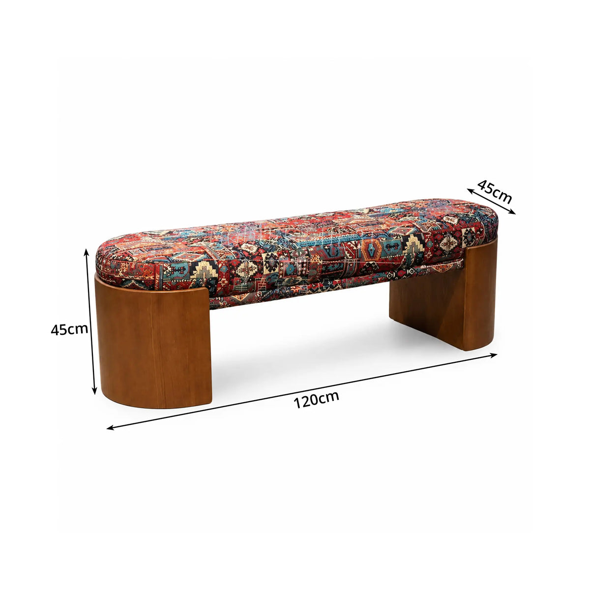 LIVARA Upholstered Bench Vintage Pattern Fabric Curved Wood Base 120/140cm for Bedroom Entryway Living Room