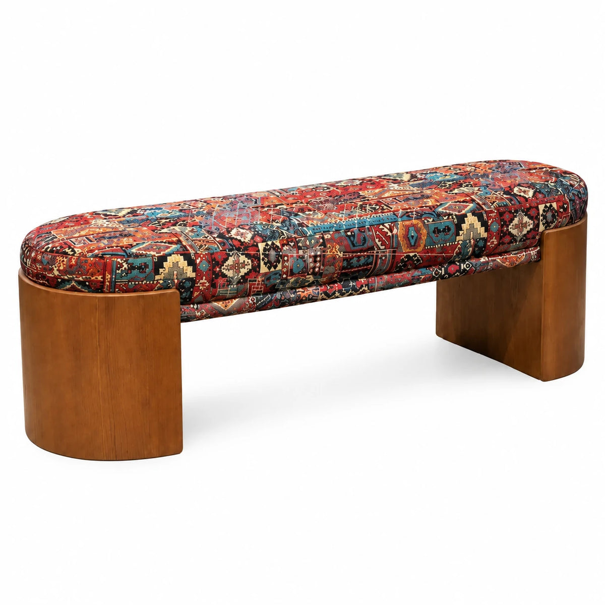 LIVARA Upholstered Bench Vintage Pattern Fabric Curved Wood Base 120/140cm for Bedroom Entryway Living Room