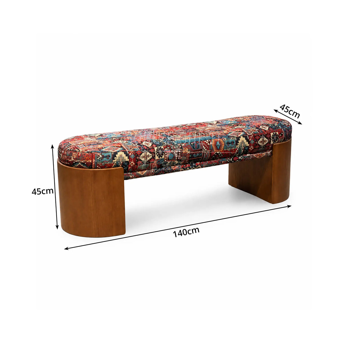 LIVARA Upholstered Bench Vintage Pattern Fabric Curved Wood Base 120/140cm for Bedroom Entryway Living Room