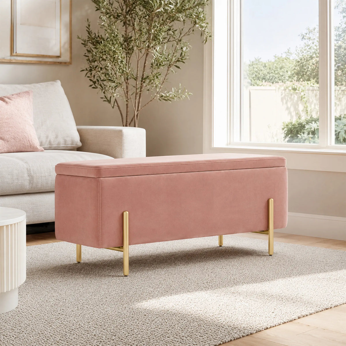 LIVARA Velvet Storage Bench High Resilience Cushioning Flip Top Storage 90/120cm for Entryway Bed End Walk In Closet - Pink