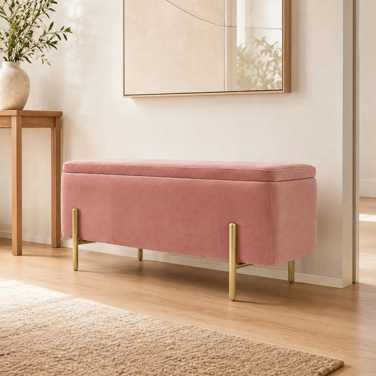 LIVARA Velvet Storage Bench High Resilience Cushioning Flip Top Storage 90/120cm for Entryway Bed End Walk In Closet - Pink