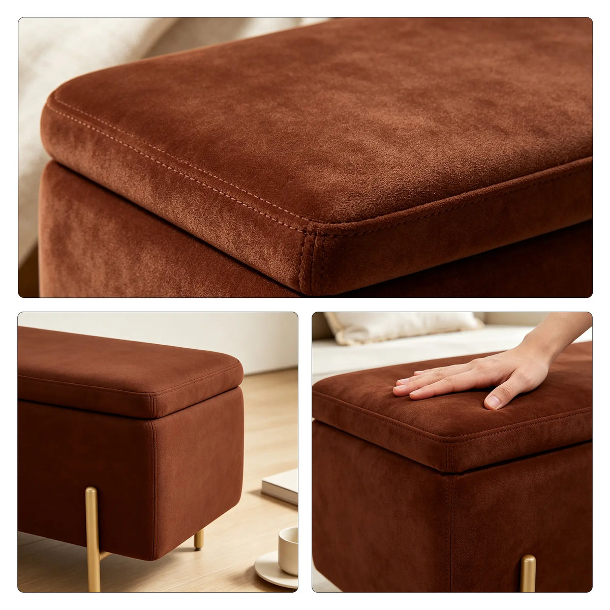 LIVARA Velvet Storage Bench High Resilience Cushioning Flip Top Storage 90/120cm for Entryway Bed End Walk In Closet - Brown