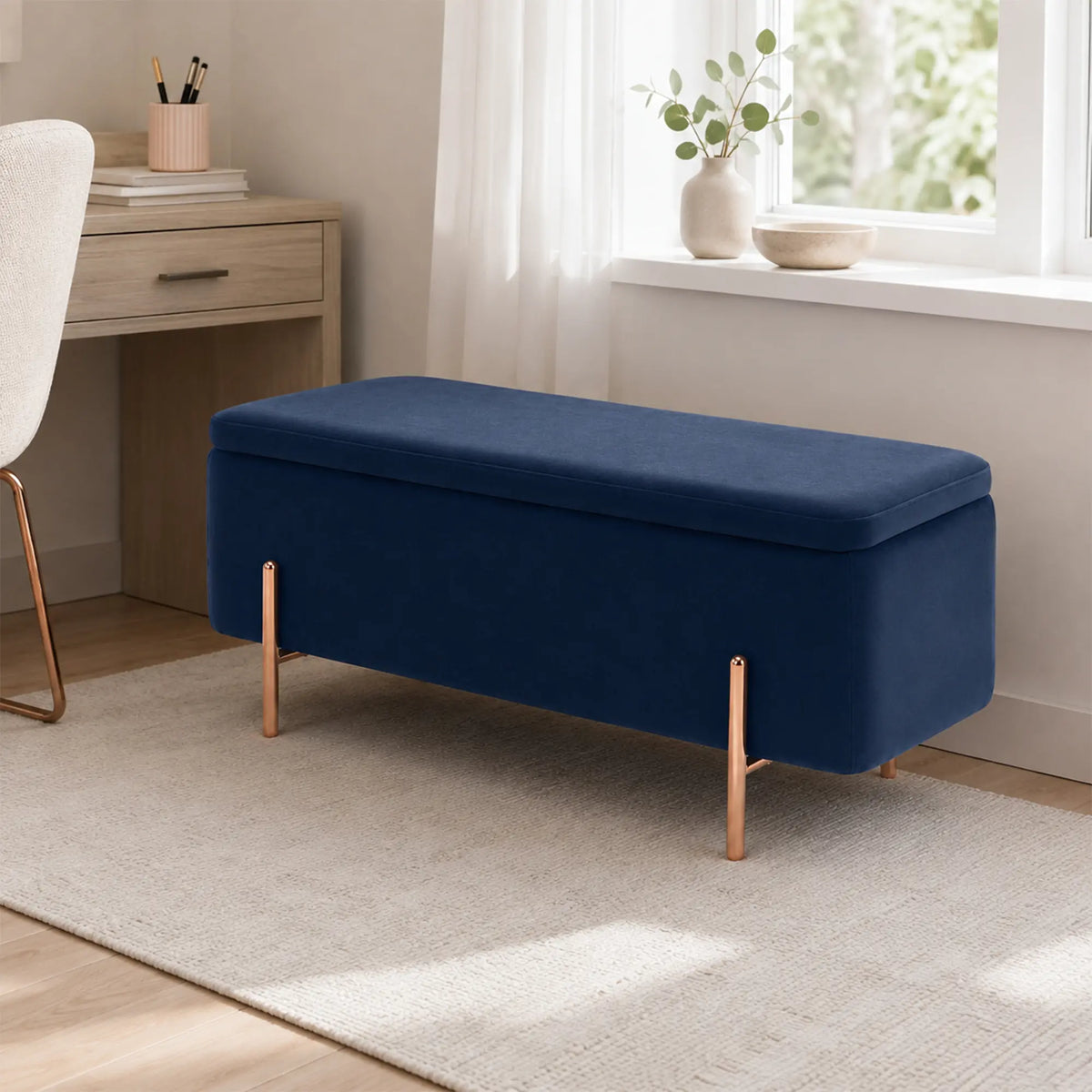 LIVARA Velvet Storage Bench High Resilience Cushioning Flip Top Storage 90/120cm for Entryway Bed End Walk In Closet - Blue
