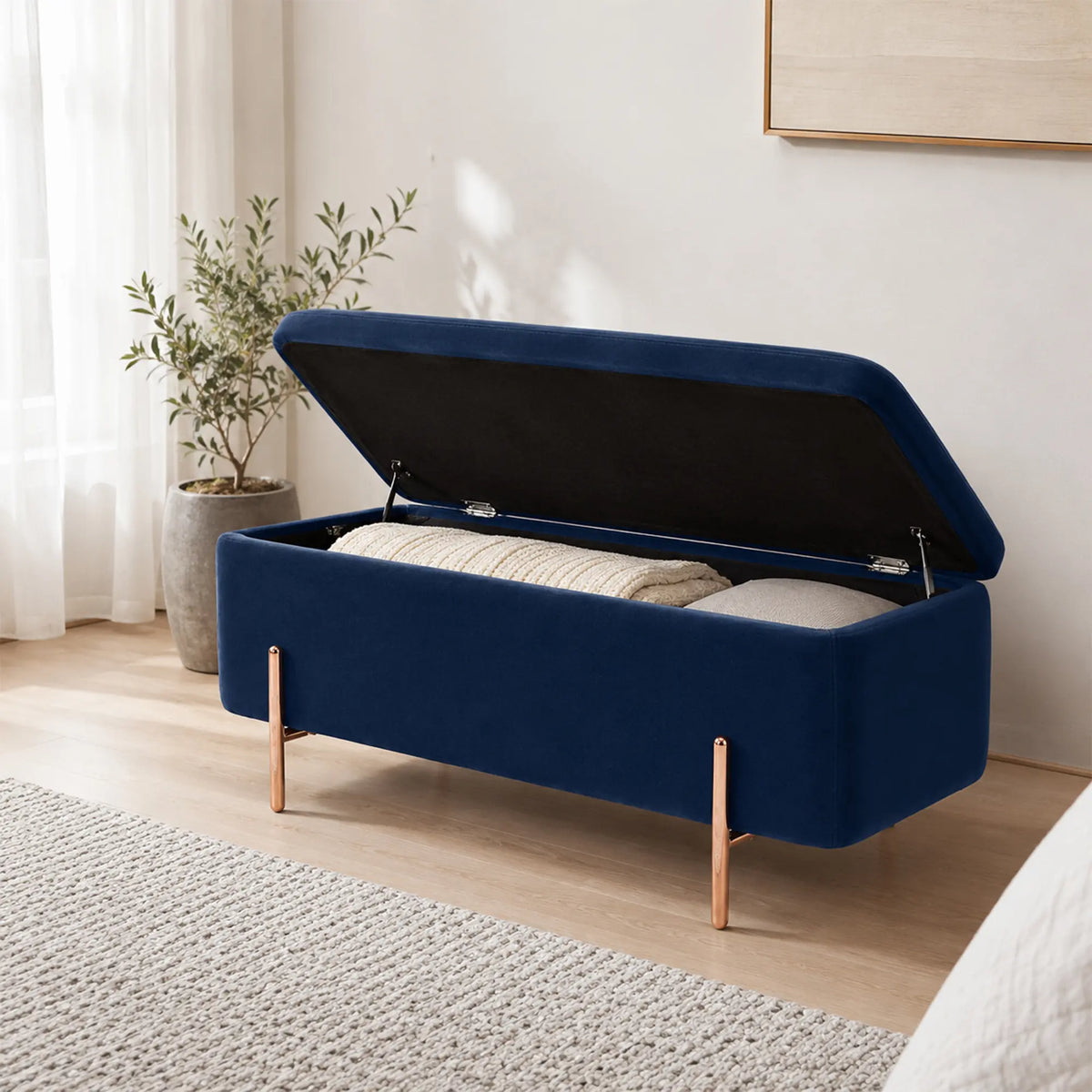 LIVARA Velvet Storage Bench High Resilience Cushioning Flip Top Storage 90/120cm for Entryway Bed End Walk In Closet - Blue