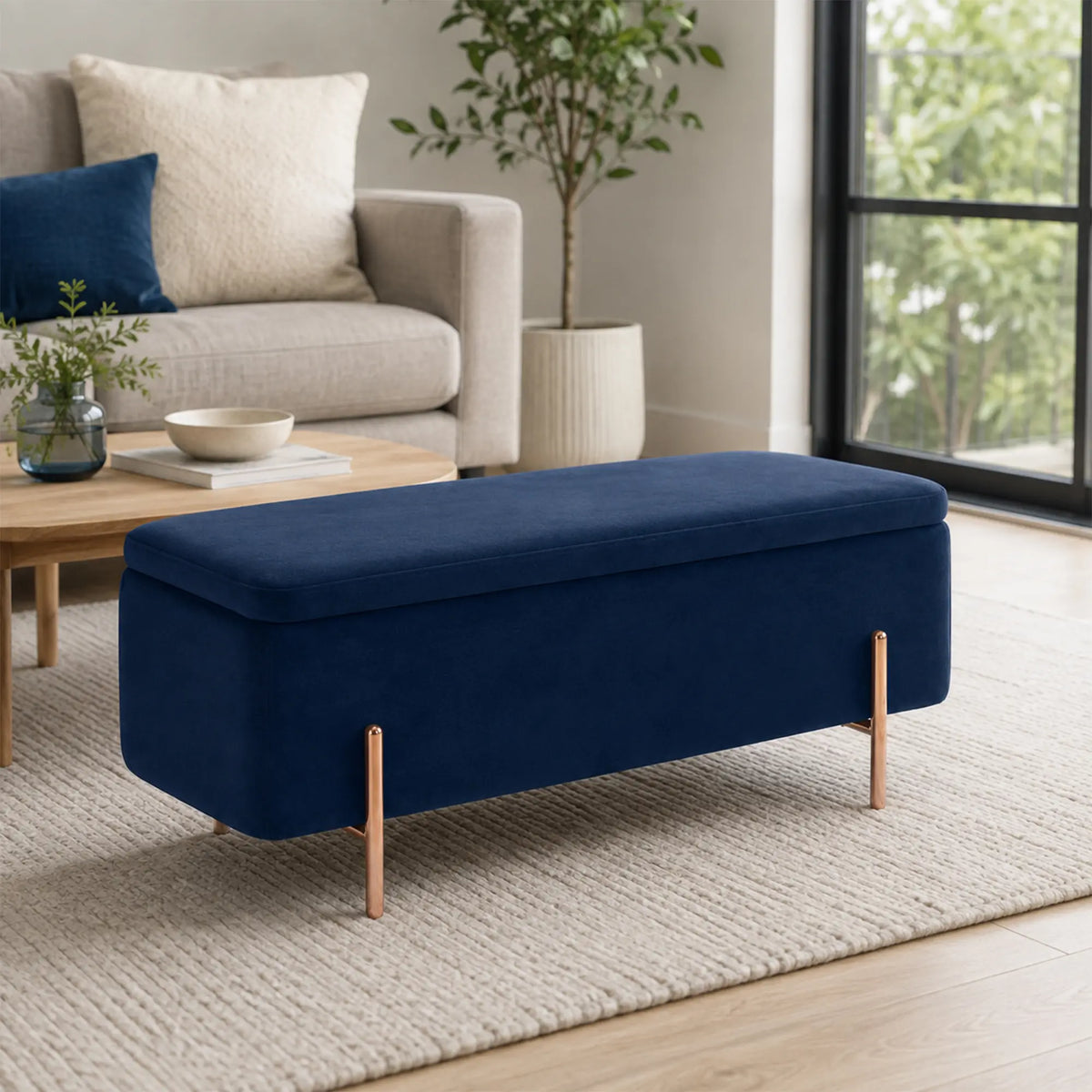 LIVARA Velvet Storage Bench High Resilience Cushioning Flip Top Storage 90/120cm for Entryway Bed End Walk In Closet - Blue
