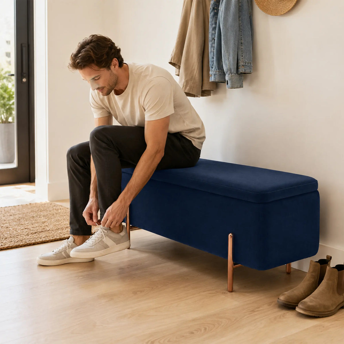 LIVARA Velvet Storage Bench High Resilience Cushioning Flip Top Storage 90/120cm for Entryway Bed End Walk In Closet - Blue