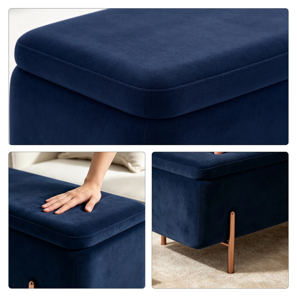LIVARA Velvet Storage Bench High Resilience Cushioning Flip Top Storage 90/120cm for Entryway Bed End Walk In Closet - Blue