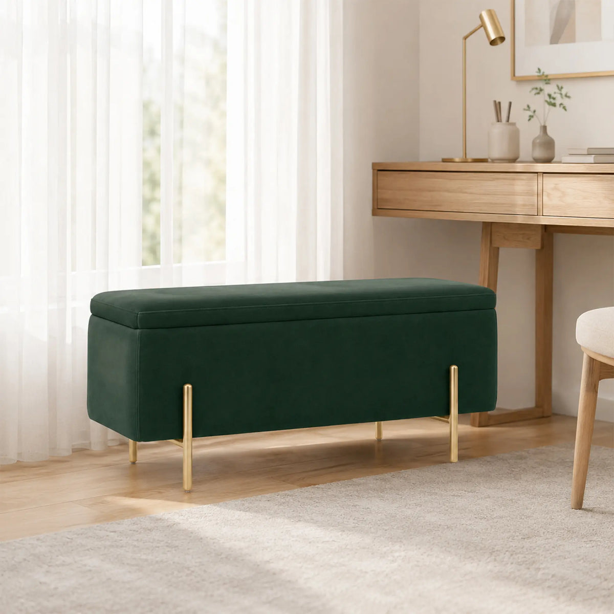LIVARA Velvet Storage Bench High Resilience Cushioning Flip Top Storage 90/120cm for Entryway Bed End Walk In Closet - Green