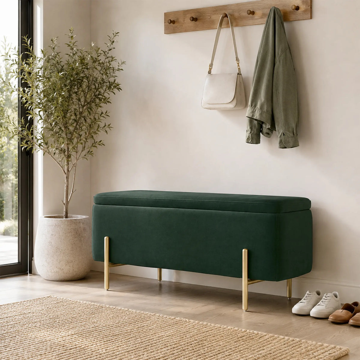LIVARA Velvet Storage Bench High Resilience Cushioning Flip Top Storage 90/120cm for Entryway Bed End Walk In Closet - Green
