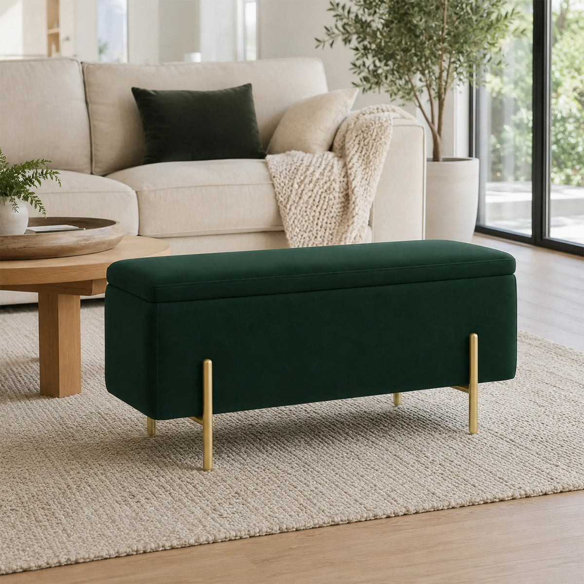 LIVARA Velvet Storage Bench High Resilience Cushioning Flip Top Storage 90/120cm for Entryway Bed End Walk In Closet - Green
