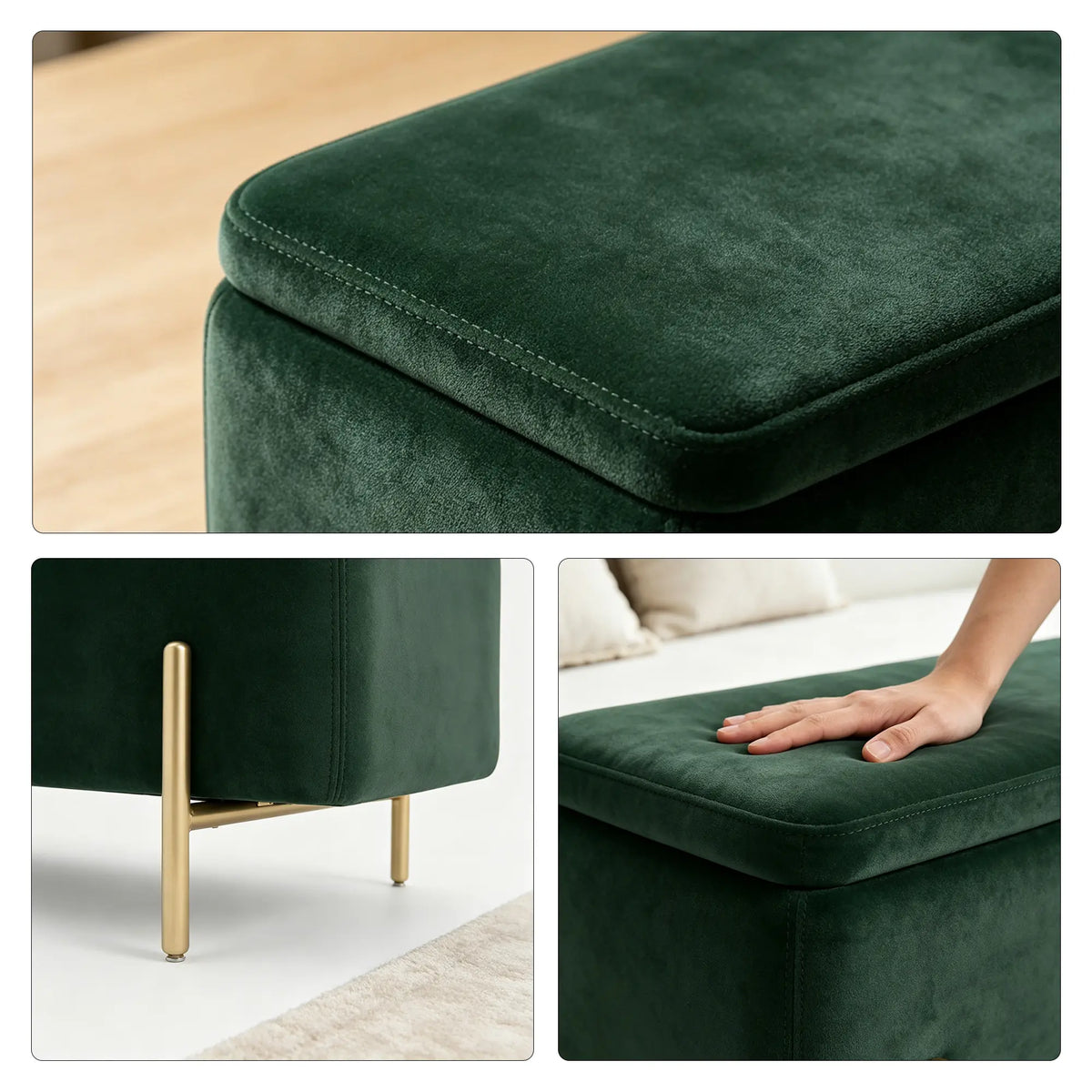 LIVARA Velvet Storage Bench High Resilience Cushioning Flip Top Storage 90/120cm for Entryway Bed End Walk In Closet - Green