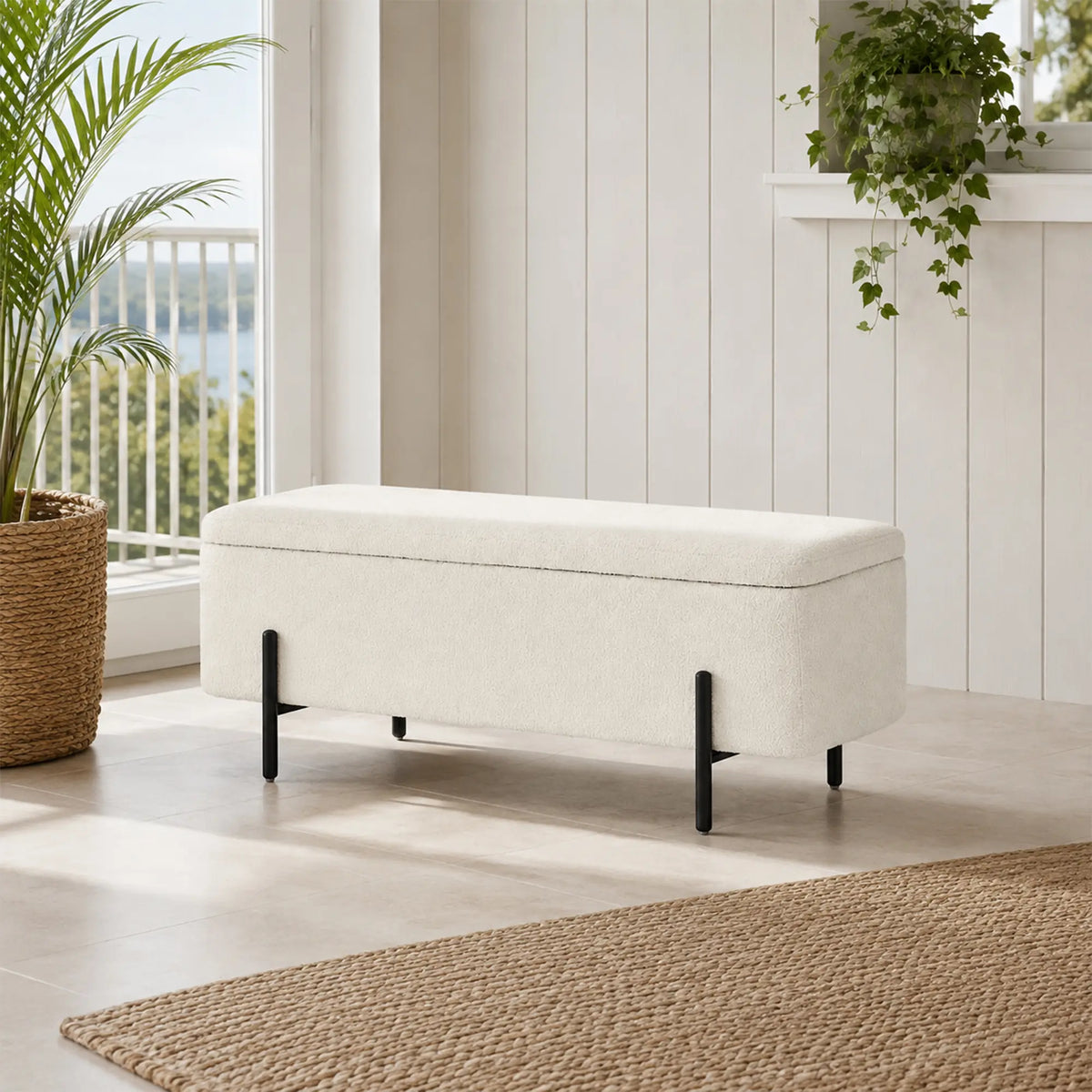 LIVARA Teddy Fleece Storage Bench High Resilience Cushioning Flip Top Storage 90/120cm for Entryway Bed End Walk In Closet - White
